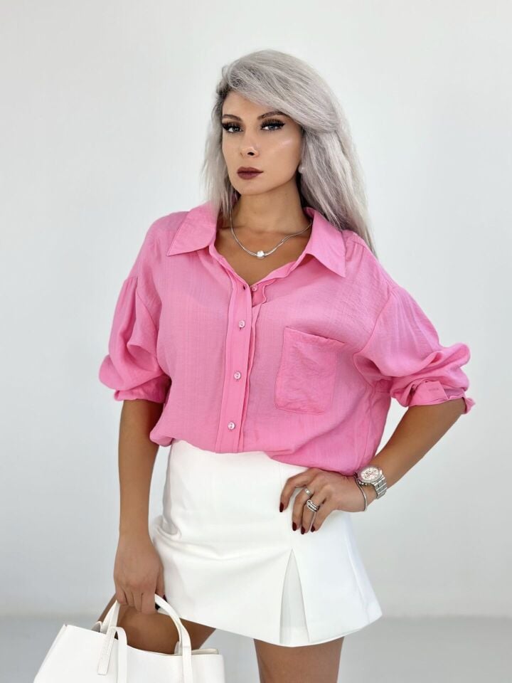 Pembe Bürümcük Kumaş Oversize Gömlek