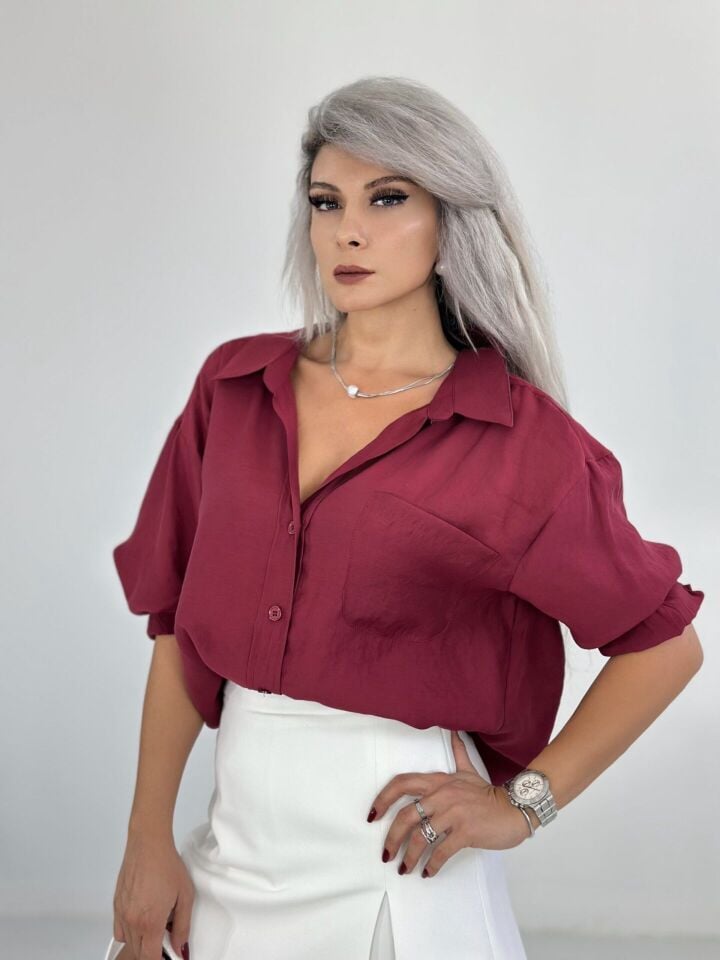 Bordo Tensel Kumaş Oversize Gömlek