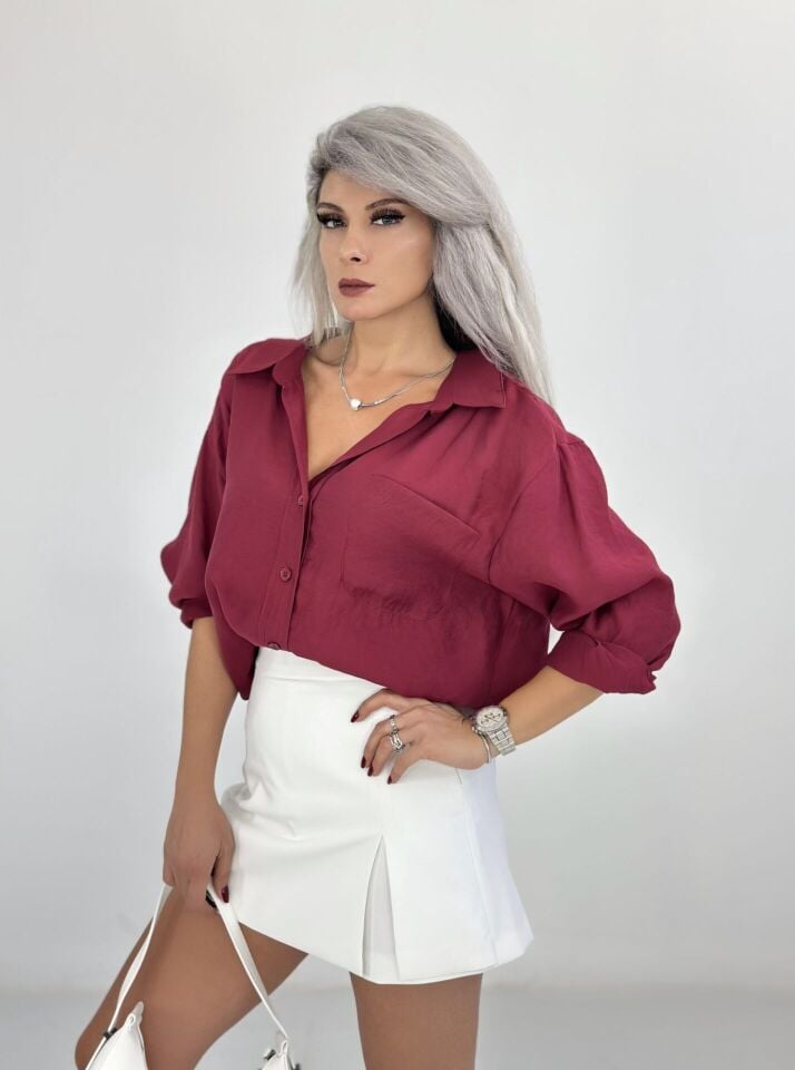 Bordo Tensel Kumaş Oversize Gömlek