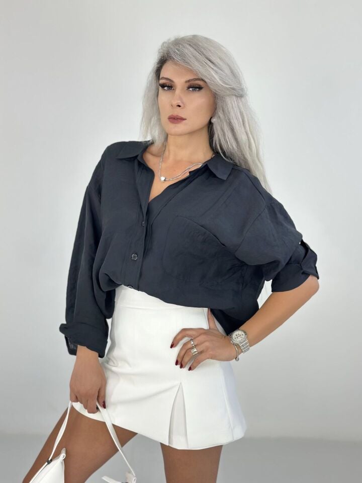 Siyah Tensel Kumaş Oversize Gömlek