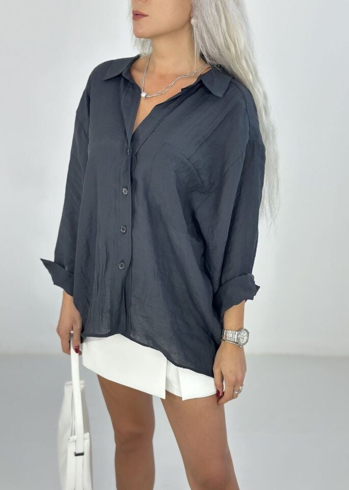 Siyah Tensel Kumaş Oversize Gömlek
