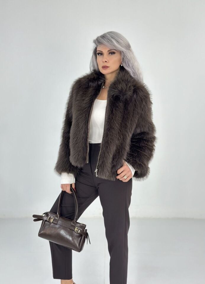 Kahve Fermuarlı Kısa Kürk Ceket