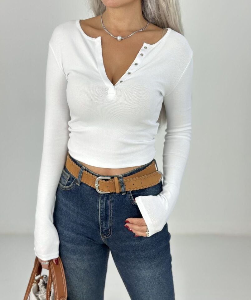 Beyaz Önden Çıtçıtlı Uzun Kol Body