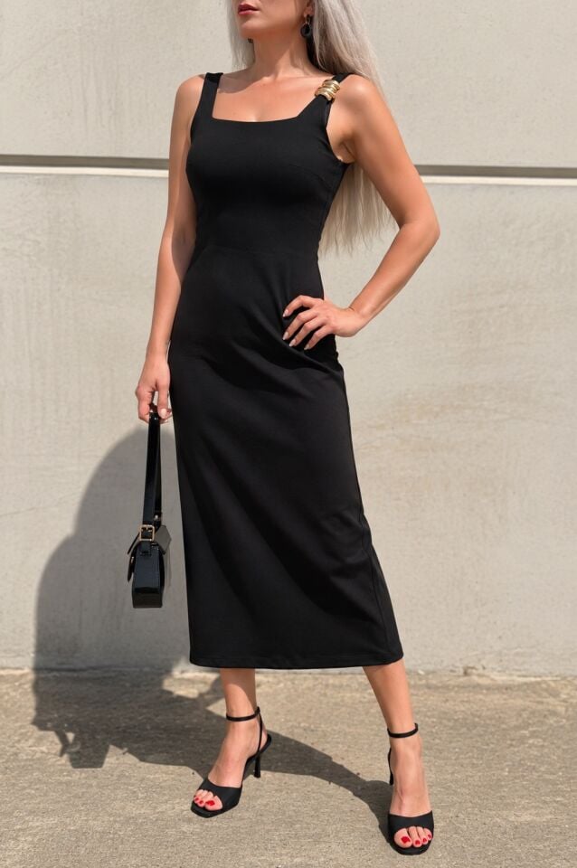 Ruby Siyah Gold Tokalı Midi Elbise