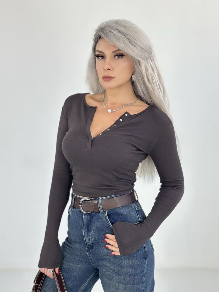 Kahve Önden Çıtçıtlı Uzun Kol Body