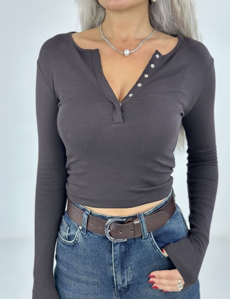 Kahve Önden Çıtçıtlı Uzun Kol Body