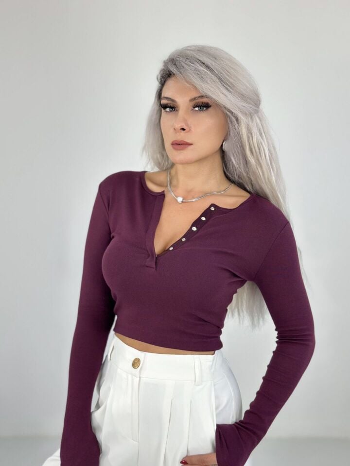 Bordo Önden Çıtçıtlı Uzun Kol Body