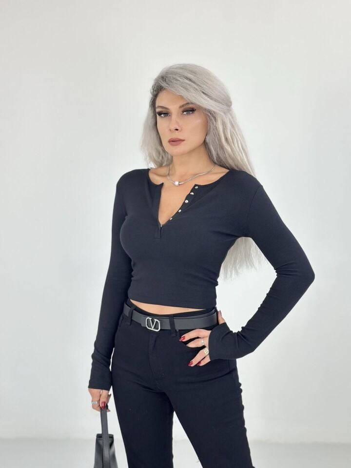 Siyah Önden Çıtçıtlı Uzun Kol Body