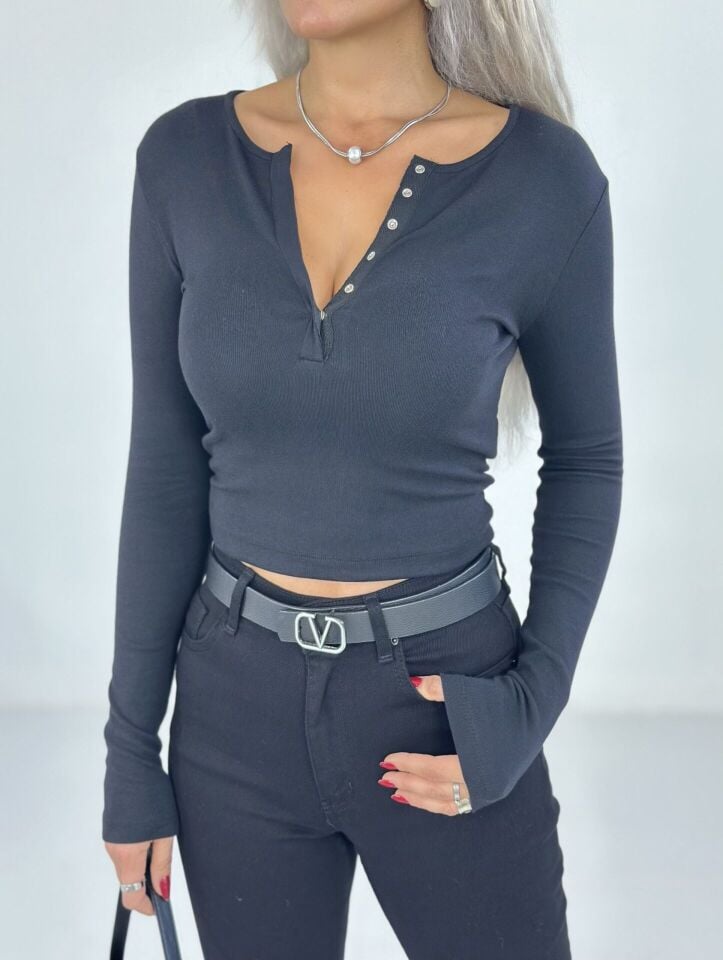 Siyah Önden Çıtçıtlı Uzun Kol Body