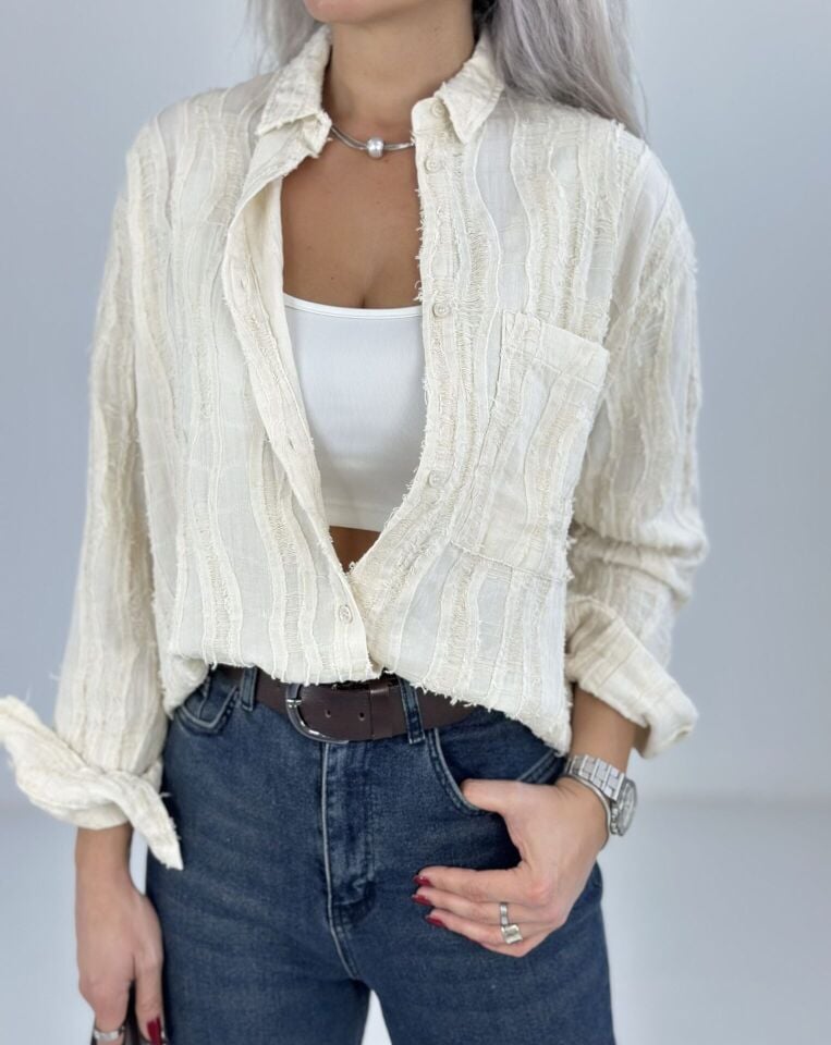 Bej Tiftik Detay Kumaş Gömlek