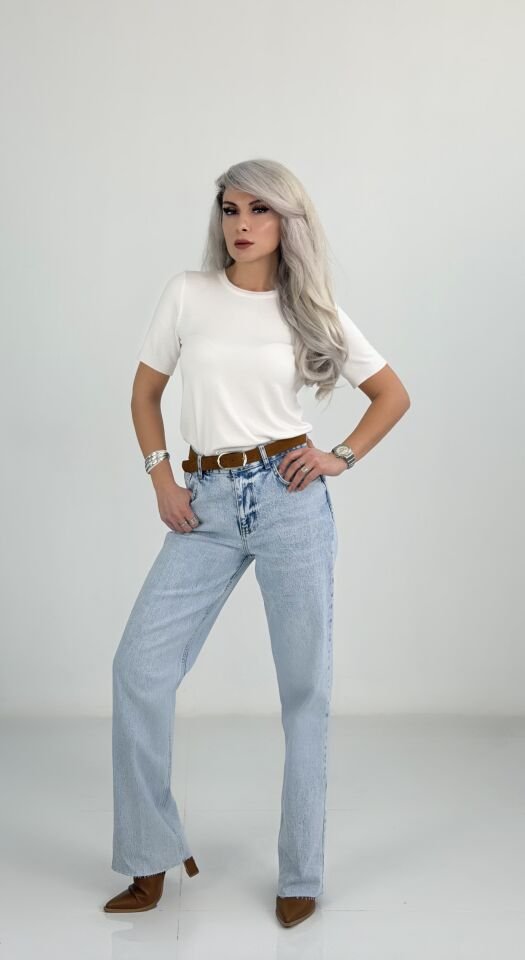 Yüksek Bel Açık Mavi Kesik Paça Jean