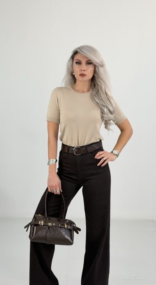 Basic Bej Kısa Kollu Triko Bluz