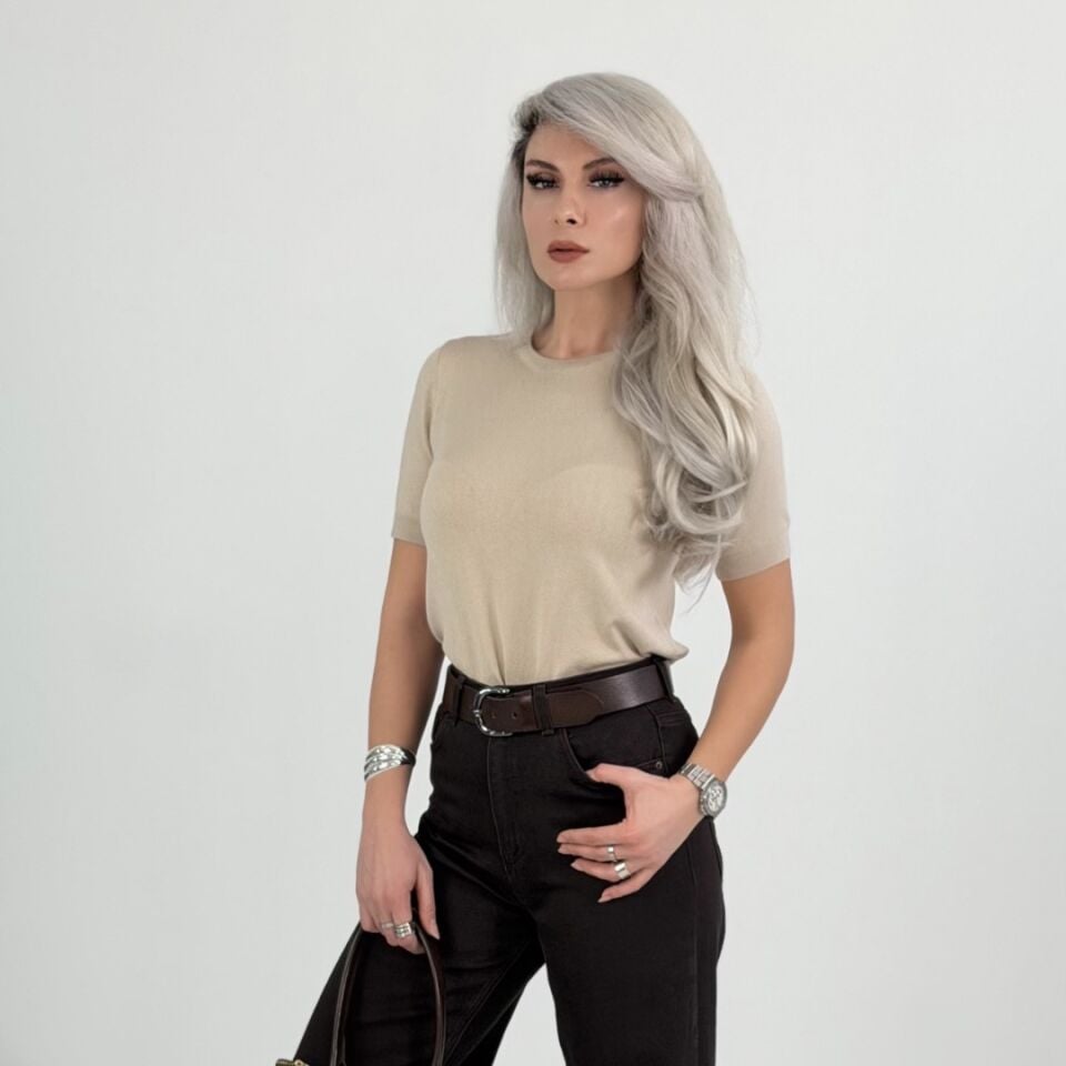 Basic Bej Kısa Kollu Triko Bluz