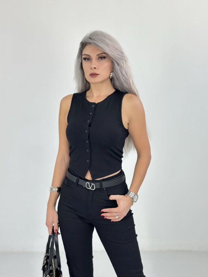 Siyah Çift Kat Penye Düğmeli Yelek