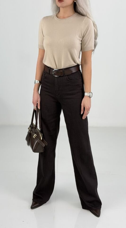 Kahverengi Yüksek Bel Wide Leg Jean