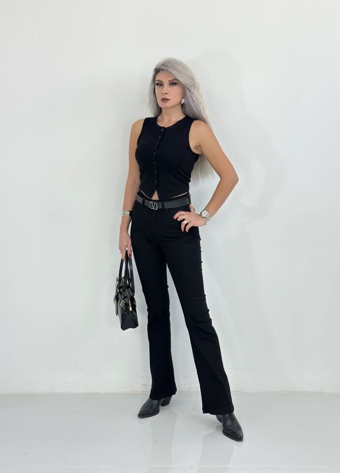 Siyah Likralı Yüksek Bel İspanyol Paça Jean