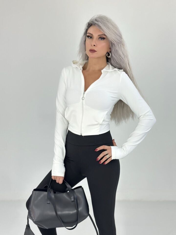 Beyaz Parmak Geçmeli Fermuarlı Sweat