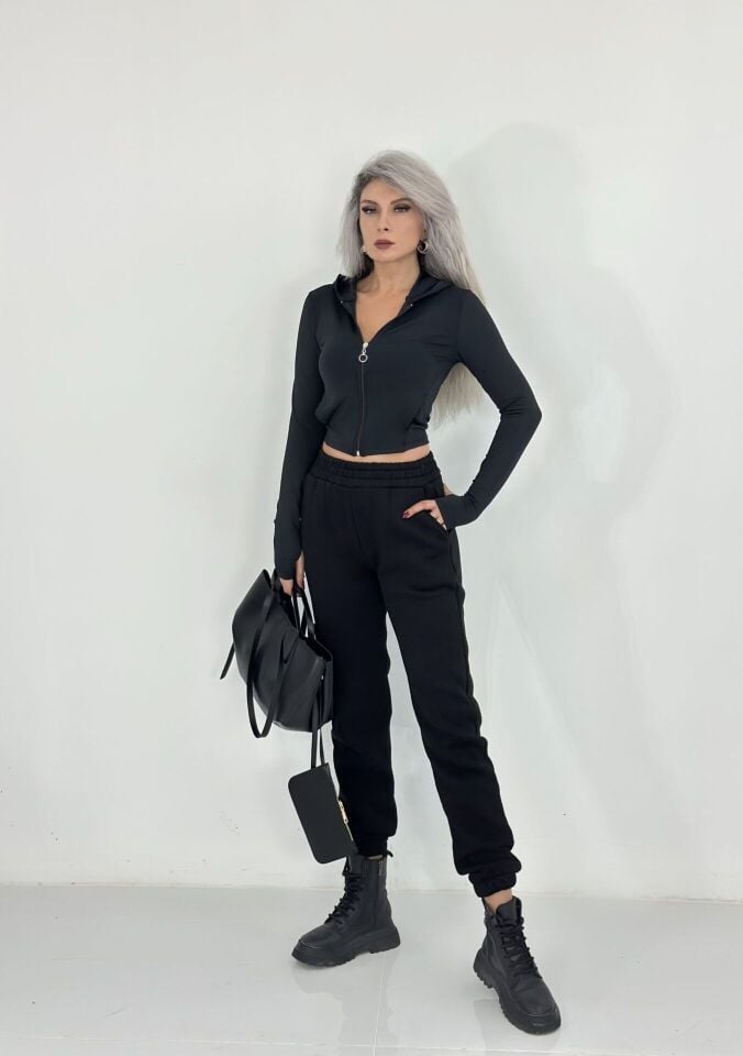 Siyah Kalın Şardonlu Eşofman Altı