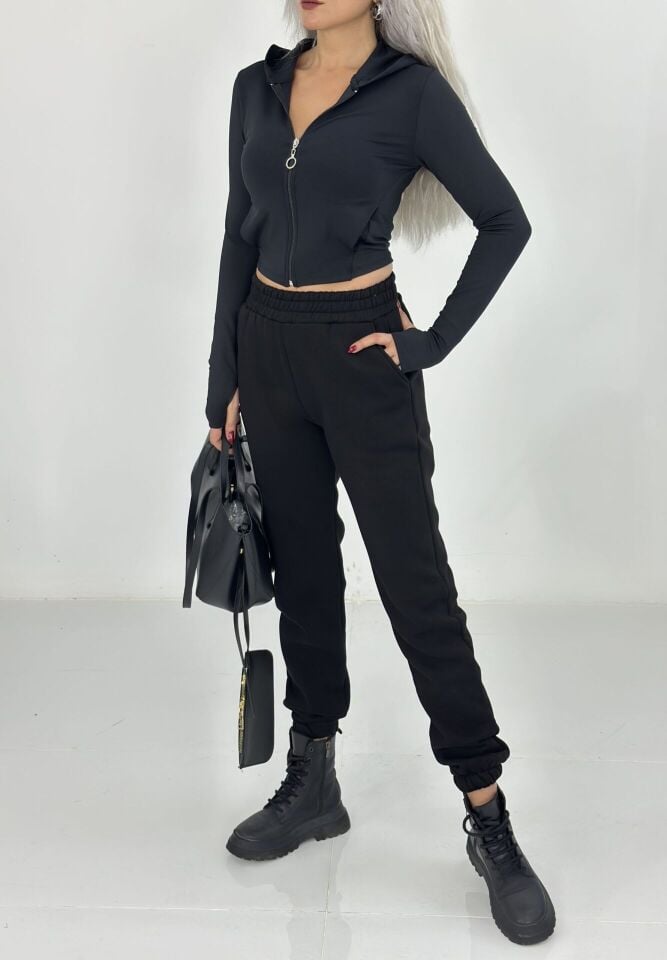 Siyah Kalın Şardonlu Eşofman Altı