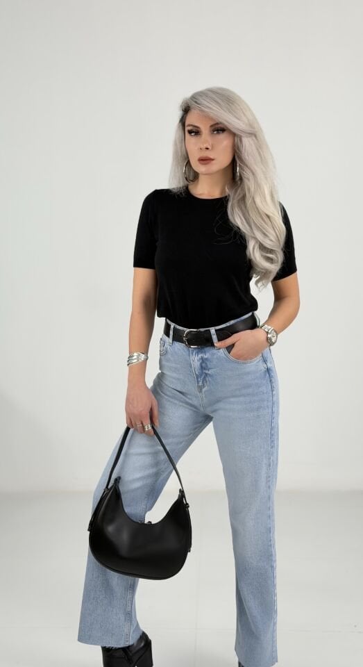 Siyah Basic Kısa Kollu Triko Bluz