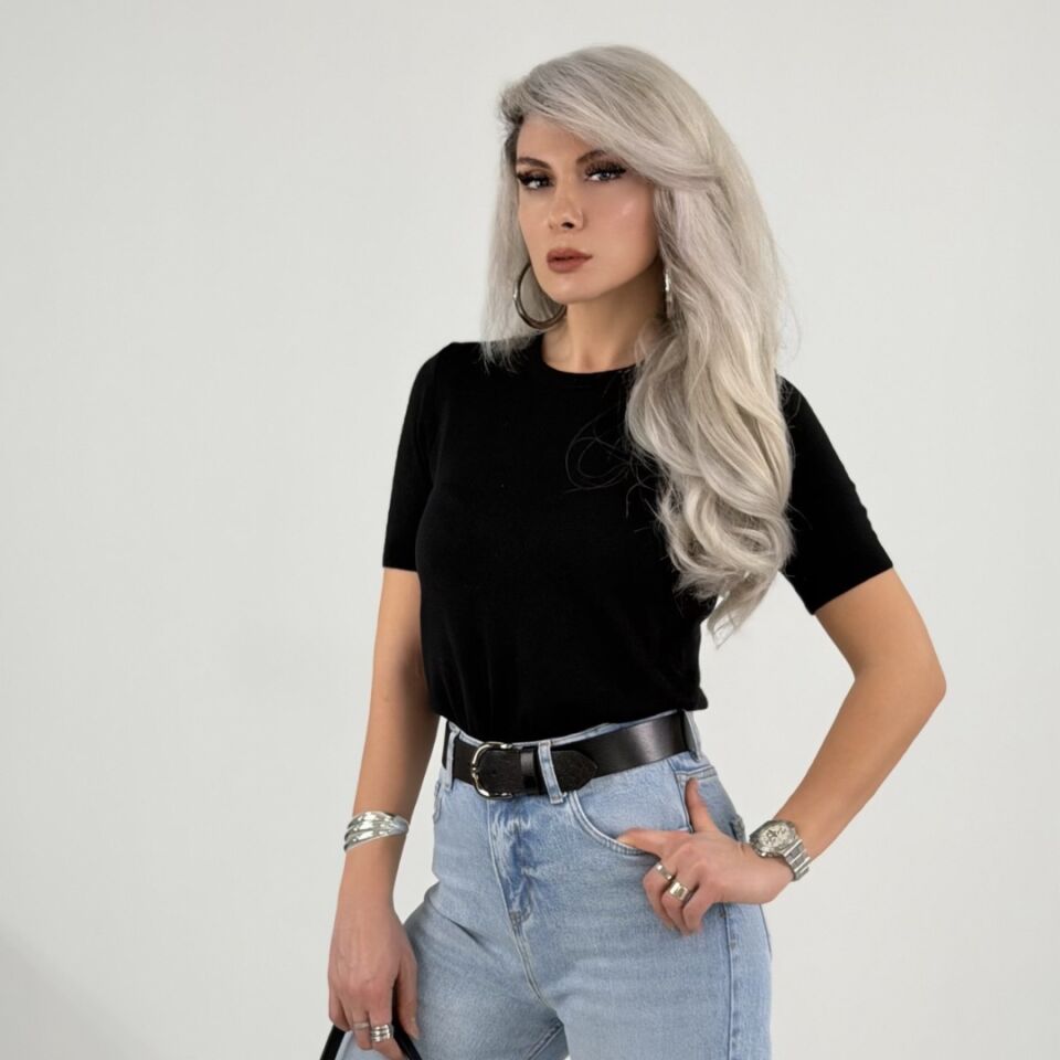 Siyah Basic Kısa Kollu Triko Bluz