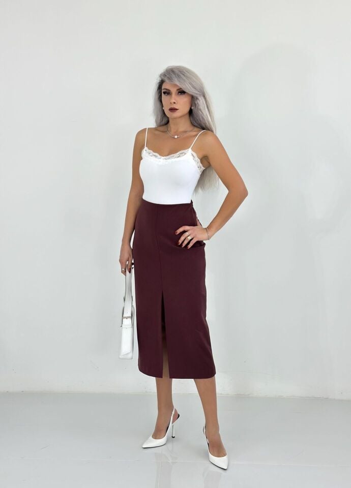 Bordo Ön Yırtmaç Detay Midi Etek