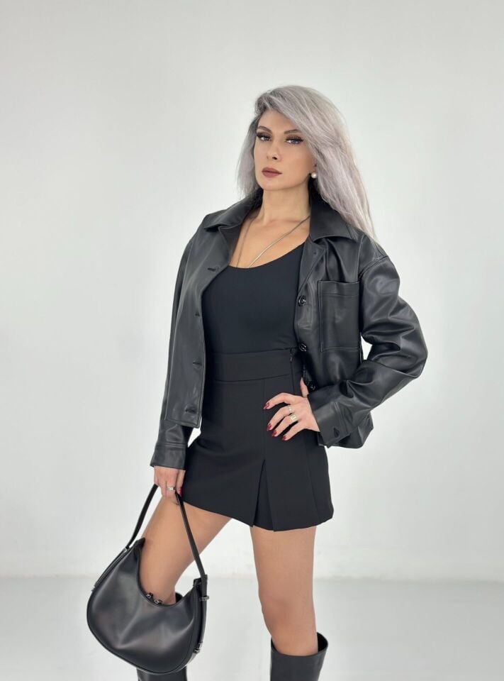 Siyah Tek Cep Düğmeli Deri Ceket