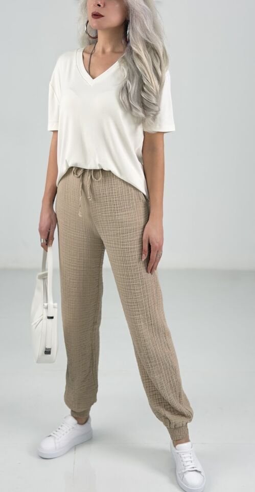 Bej Müslin Kumaş Relax Pantolon
