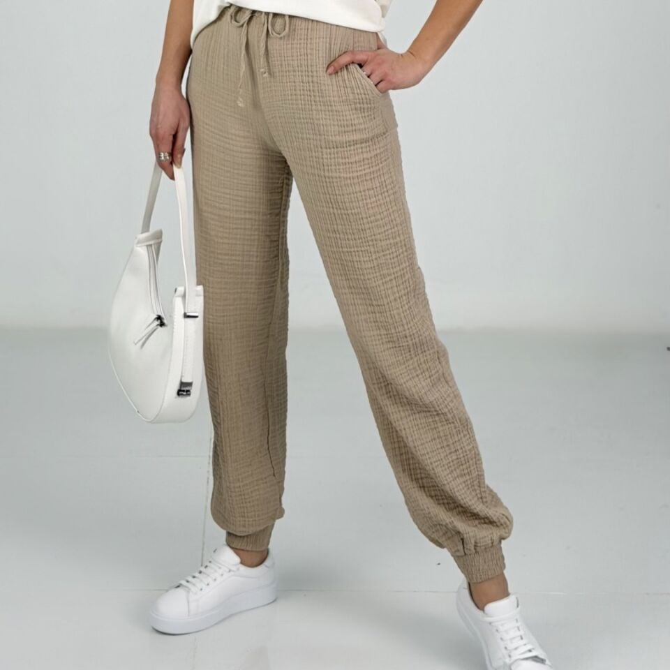 Bej Müslin Kumaş Relax Pantolon