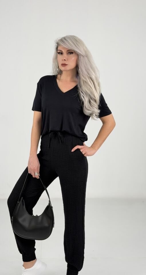 Siyah V Yaka Modal Kumaş Salaş Tshirt