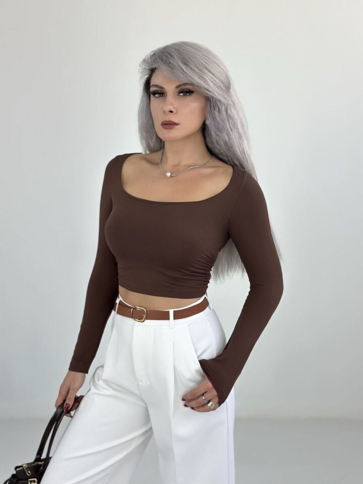 Kahve Geniş Yaka Uzun Kol Body