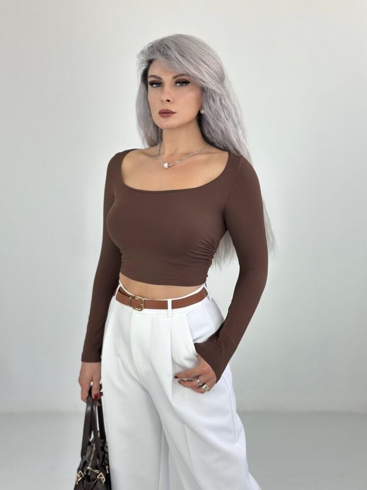 Kahve Geniş Yaka Uzun Kol Body