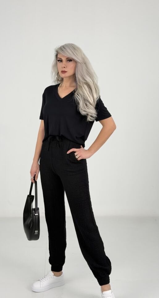 Siyah Müslin Kumaş Relax Pantolon