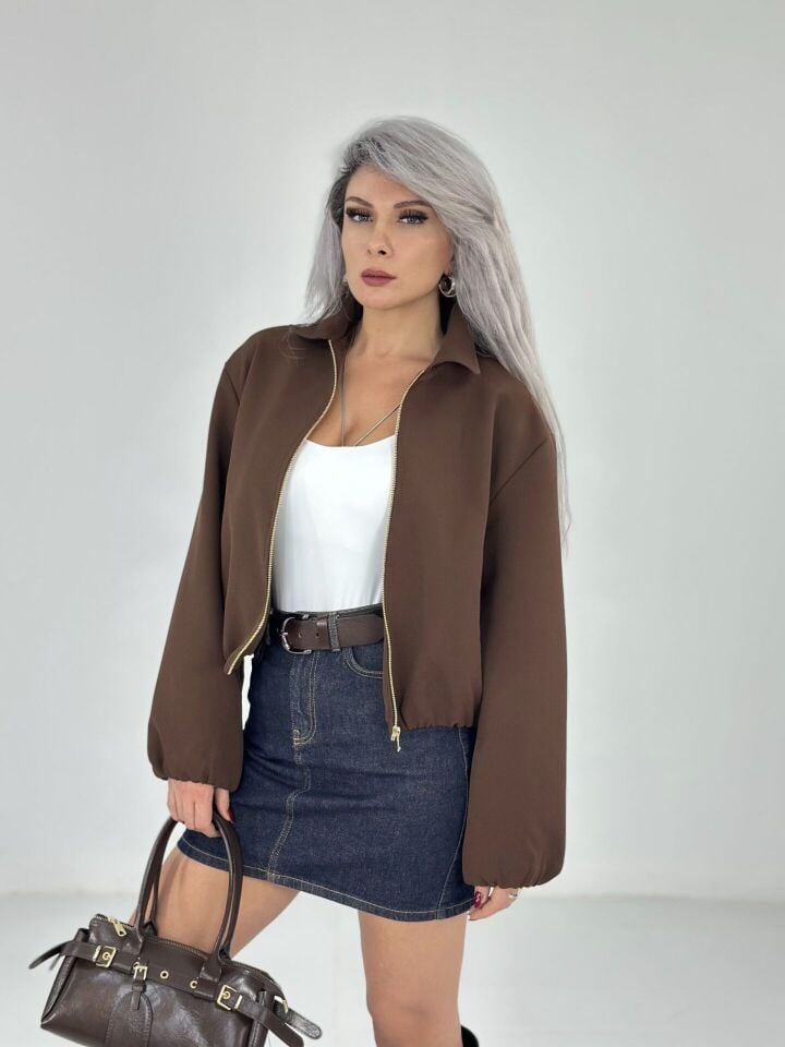 Kahve Krep Kumaş Bomber Ceket