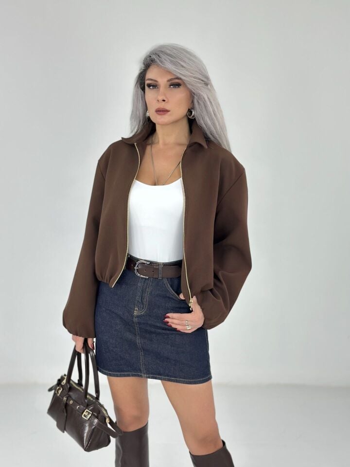 Kahve Krep Kumaş Bomber Ceket