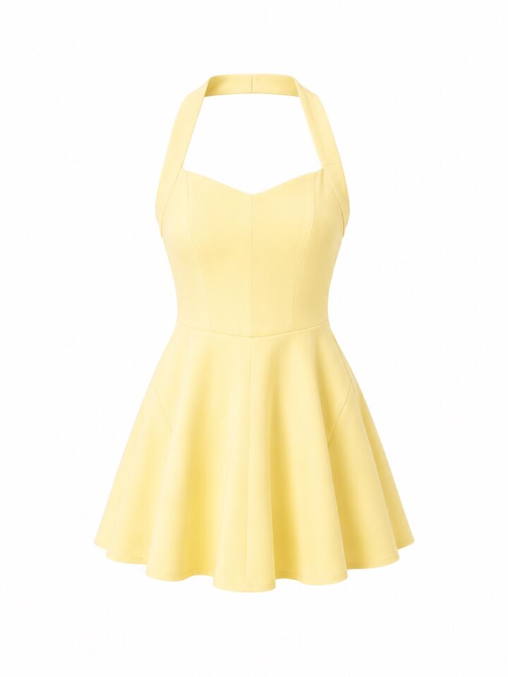 Sarı Halter Yaka Kloş Mini Elbise