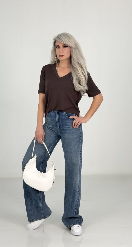 Kahverengi V Yaka Modal Kumaş Salaş Tshirt