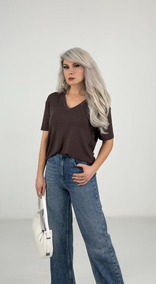 Kahverengi V Yaka Modal Kumaş Salaş Tshirt