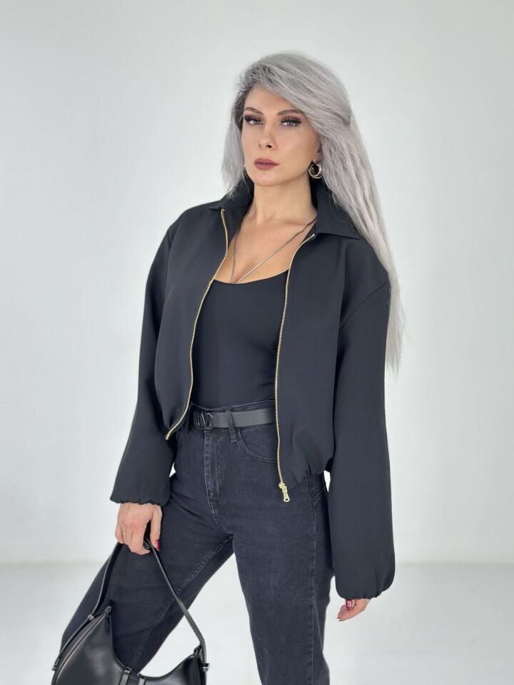 Siyah Krep Kumaş Bomber Ceket
