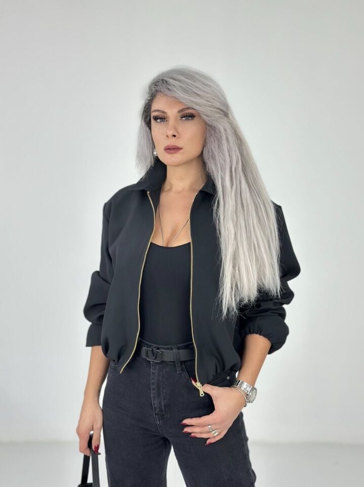Siyah Krep Kumaş Bomber Ceket