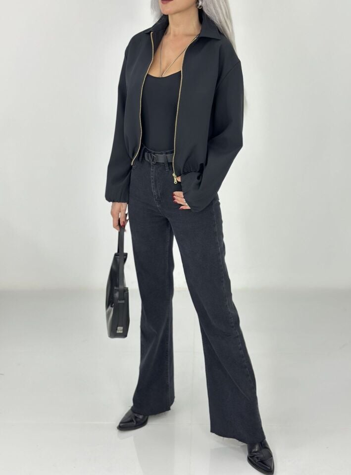 Koyu Füme Likralı Wide Leg Jean