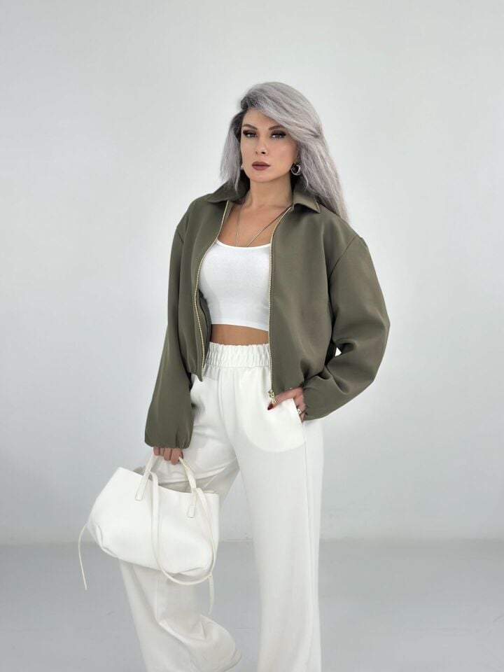 Haki Yeşil Krep Kumaş Bomber Ceket