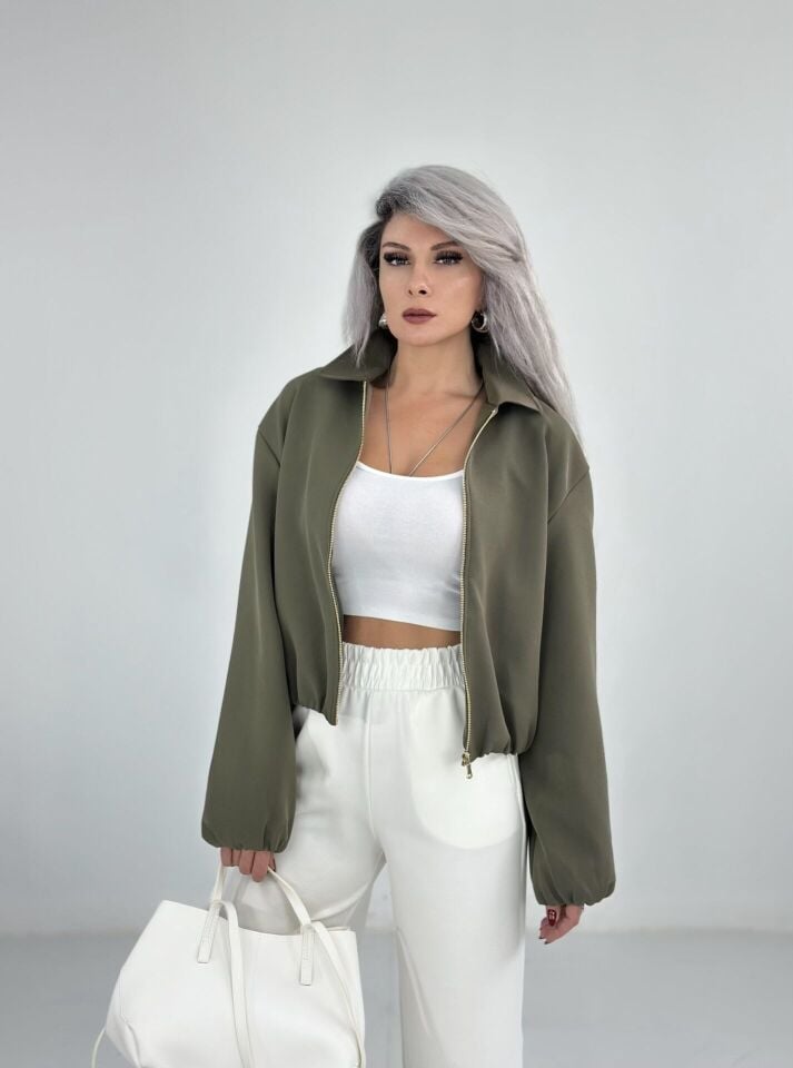 Haki Yeşil Krep Kumaş Bomber Ceket