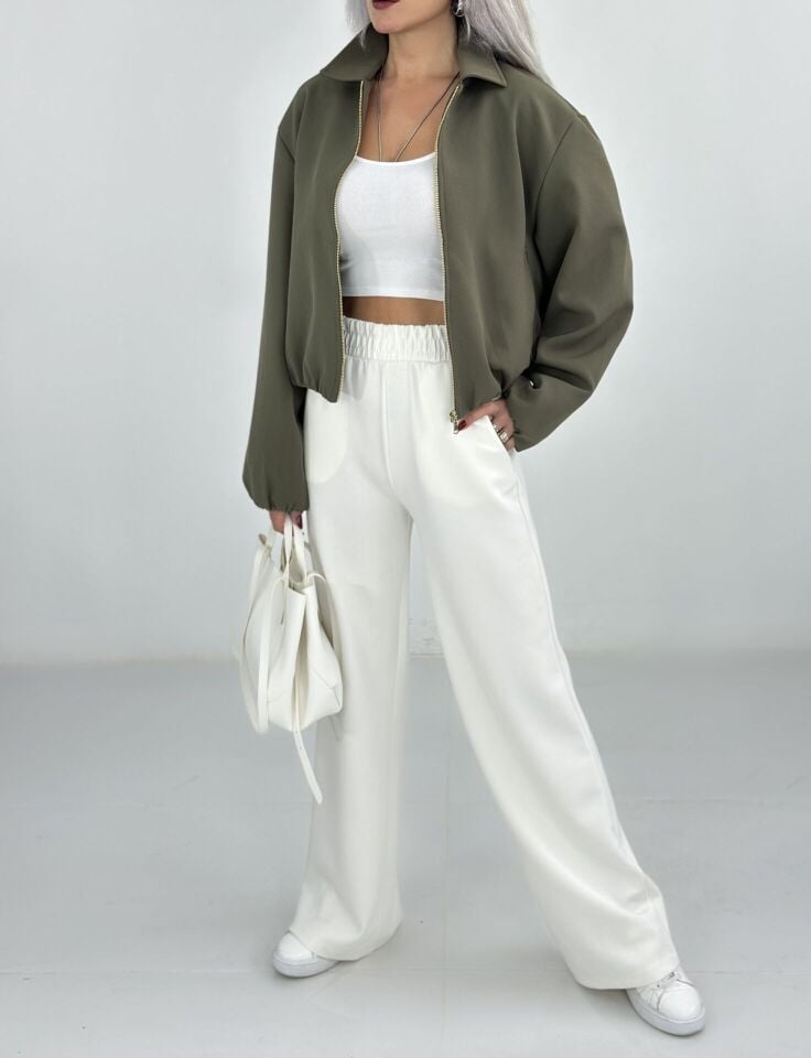 Beyaz Oysh Kumaş Bol Paça Eşofman Altı