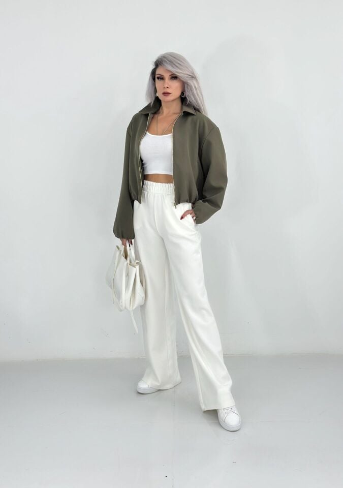 Beyaz Oysh Kumaş Bol Paça Eşofman Altı