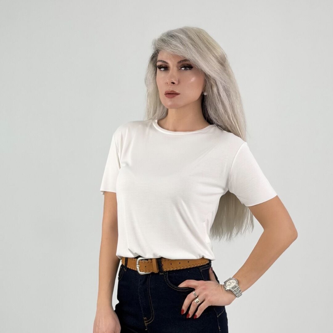 Beyaz Bisiklet Yaka Modal Kumaş Tshirt