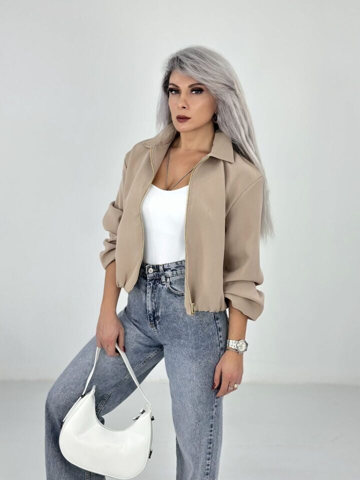 Sütlü Kahve Krep Kumaş Bomber Ceket