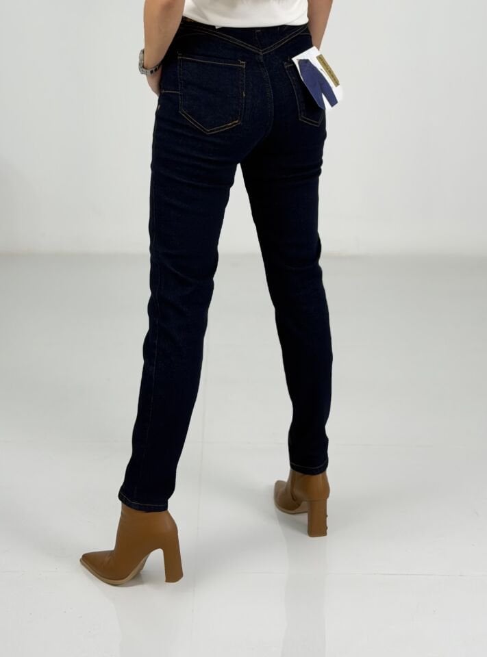 Lacivert Yüksek Bel Likralı Mom Fit Jean