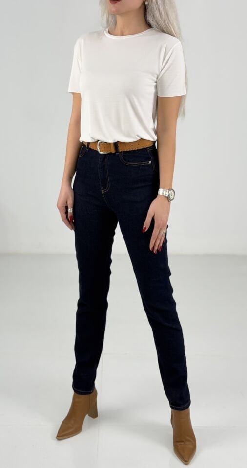 Lacivert Yüksek Bel Likralı Mom Fit Jean