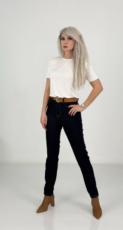 Lacivert Yüksek Bel Likralı Mom Fit Jean